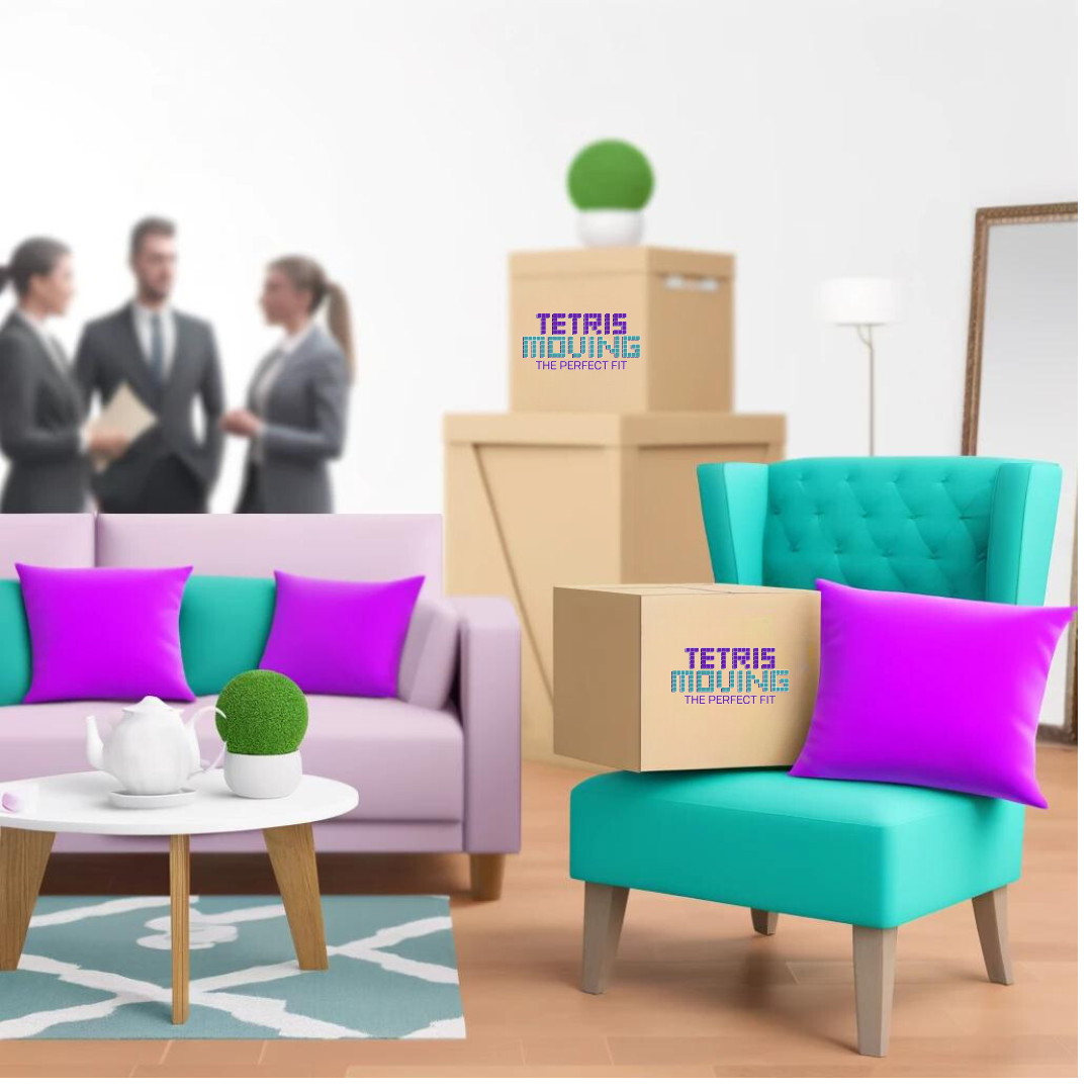 Business people aside Tetris Moving boxes and furniture