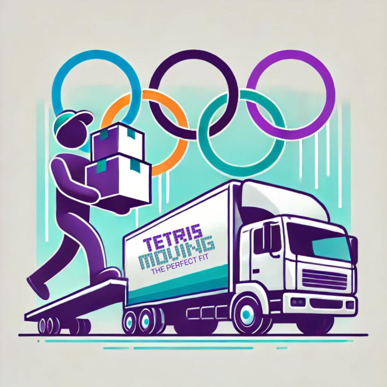 Man carrying boxes to a Tetris Moving truck with the Olympics logo above it
