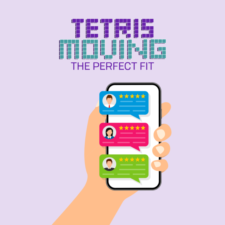 person holding a phone with 5 star reviews for Tetris Moving