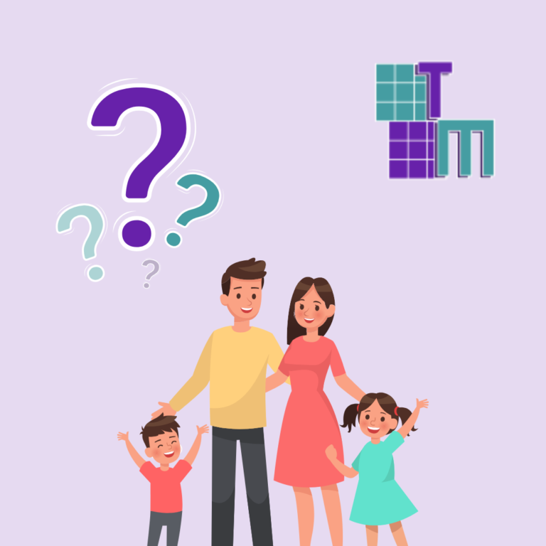 Cartoon family with question marks above them