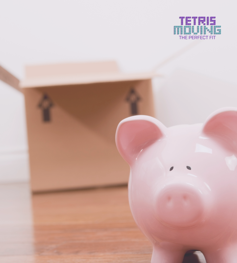 piggy bank in the foreground and a packing box in the background