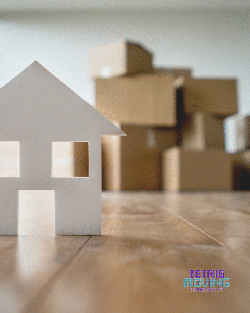 A small paper cutout of a house in the foreground with packing boxes in the background