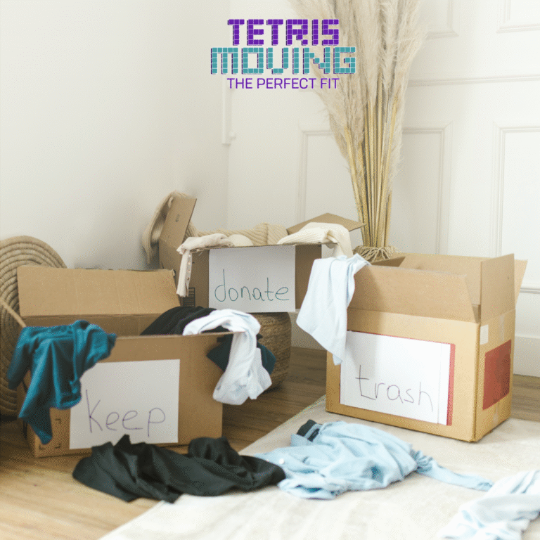 3 moving boxes labeled "keep" "donate" and "trash"