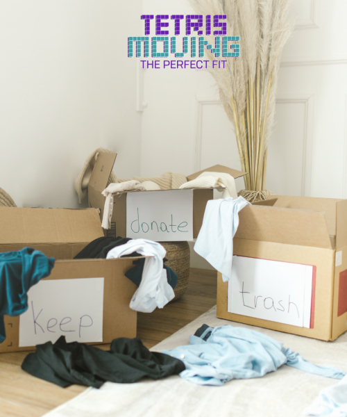 3 moving boxes labeled "keep" "donate" and "trash"